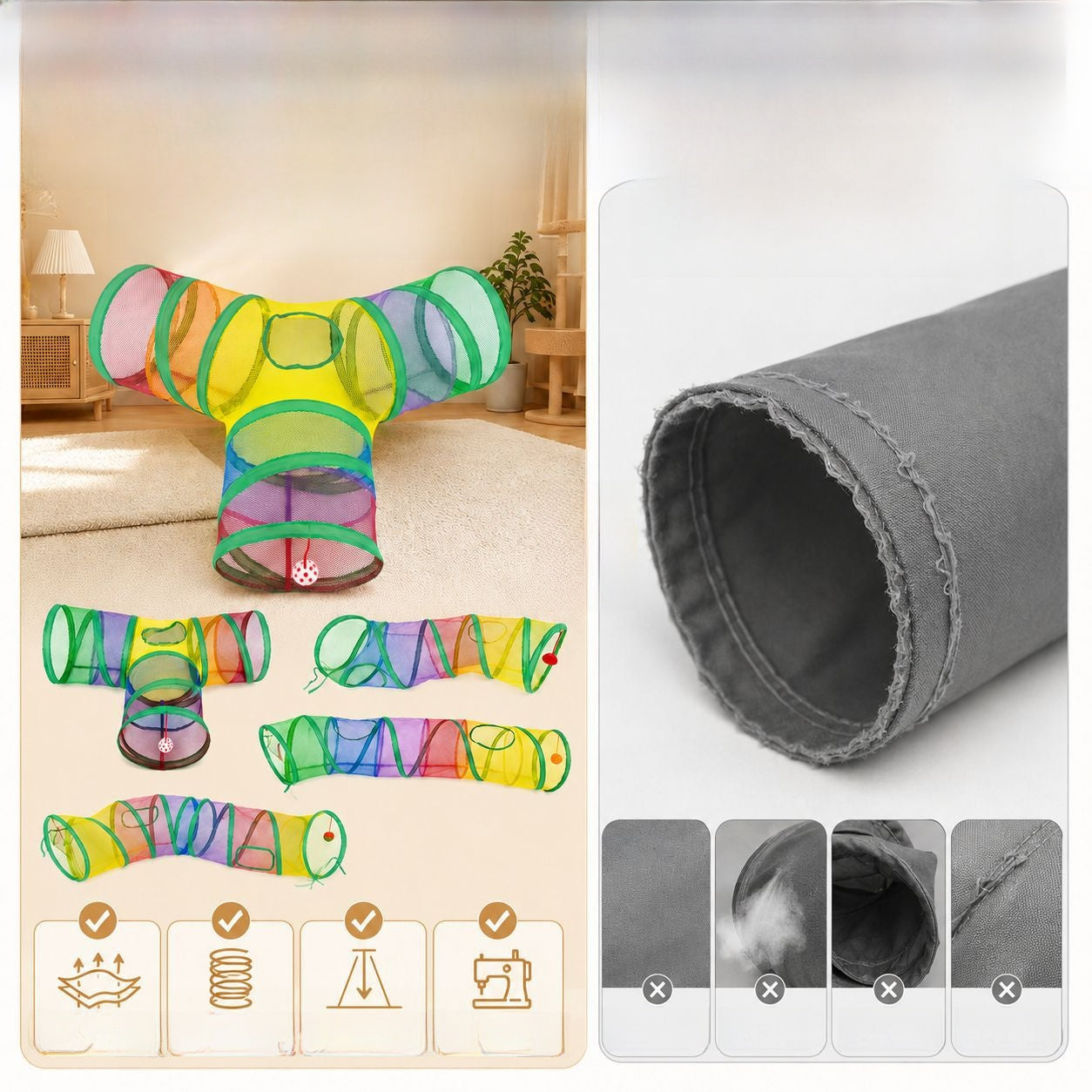 Foldable Cat Tunnel - Crinkly Play Hide with Bell Toy